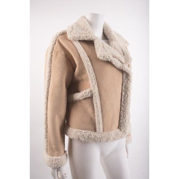 Zara Womans Jacket Coat XS Tan Faux Suede Faux Sherpa Double Face 6318/242 NWT - Picture 2 of 6